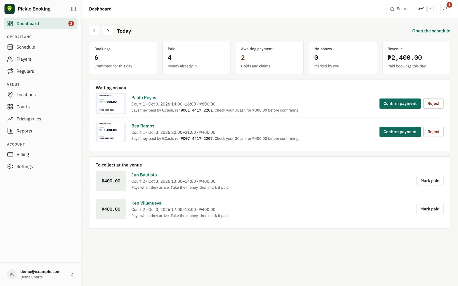 The owner dashboard: today's bookings, GCash payments waiting for confirmation, and money to collect at the venue