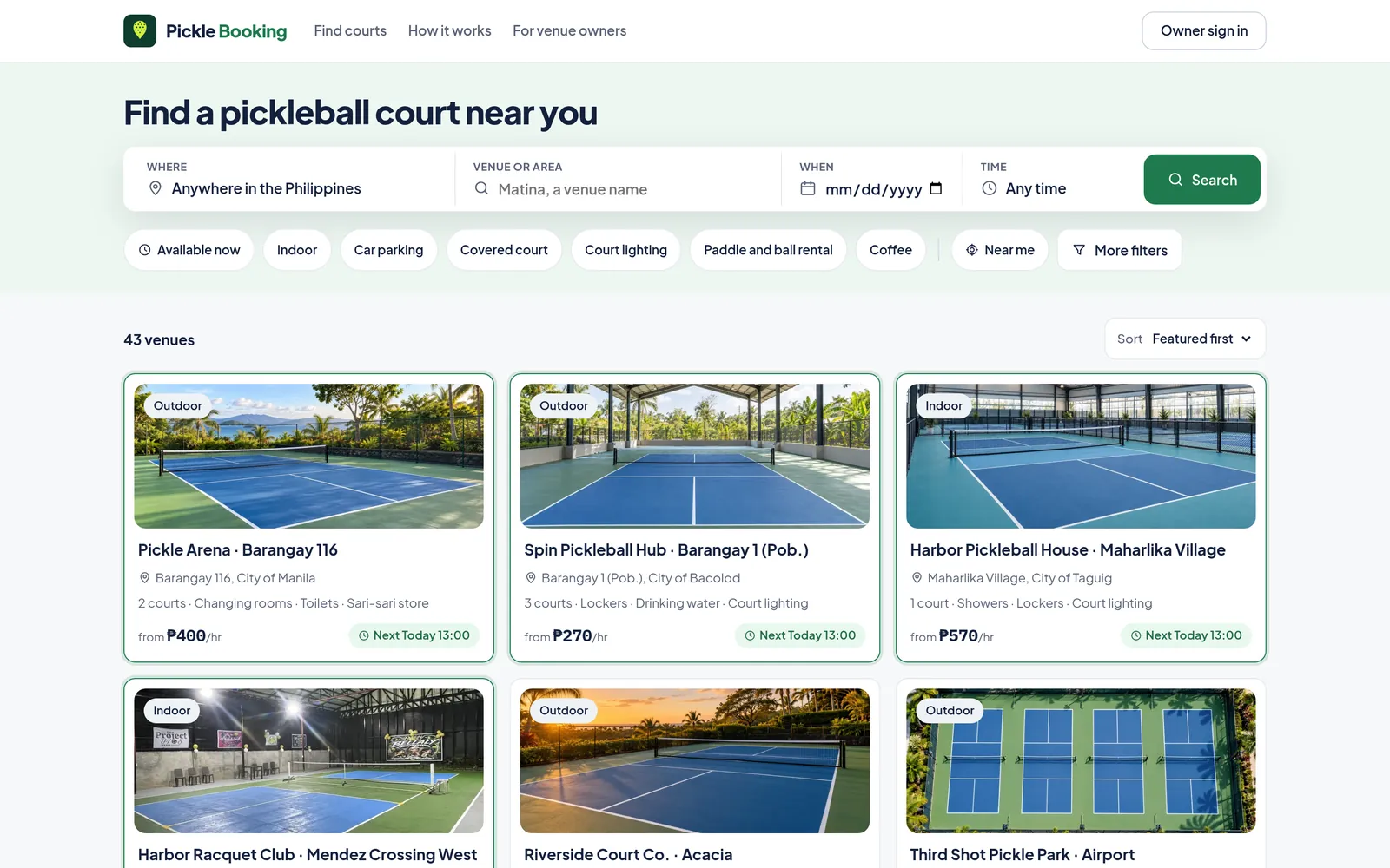 Find a court: search by city, date and time, with filters for indoor, parking, lights and near me