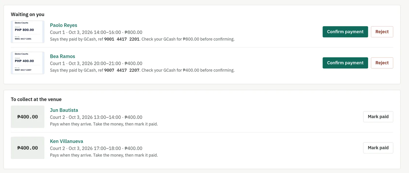Waiting on you: GCash payments with their reference numbers and a Confirm payment button; To collect at the venue: walk-ins with Mark paid