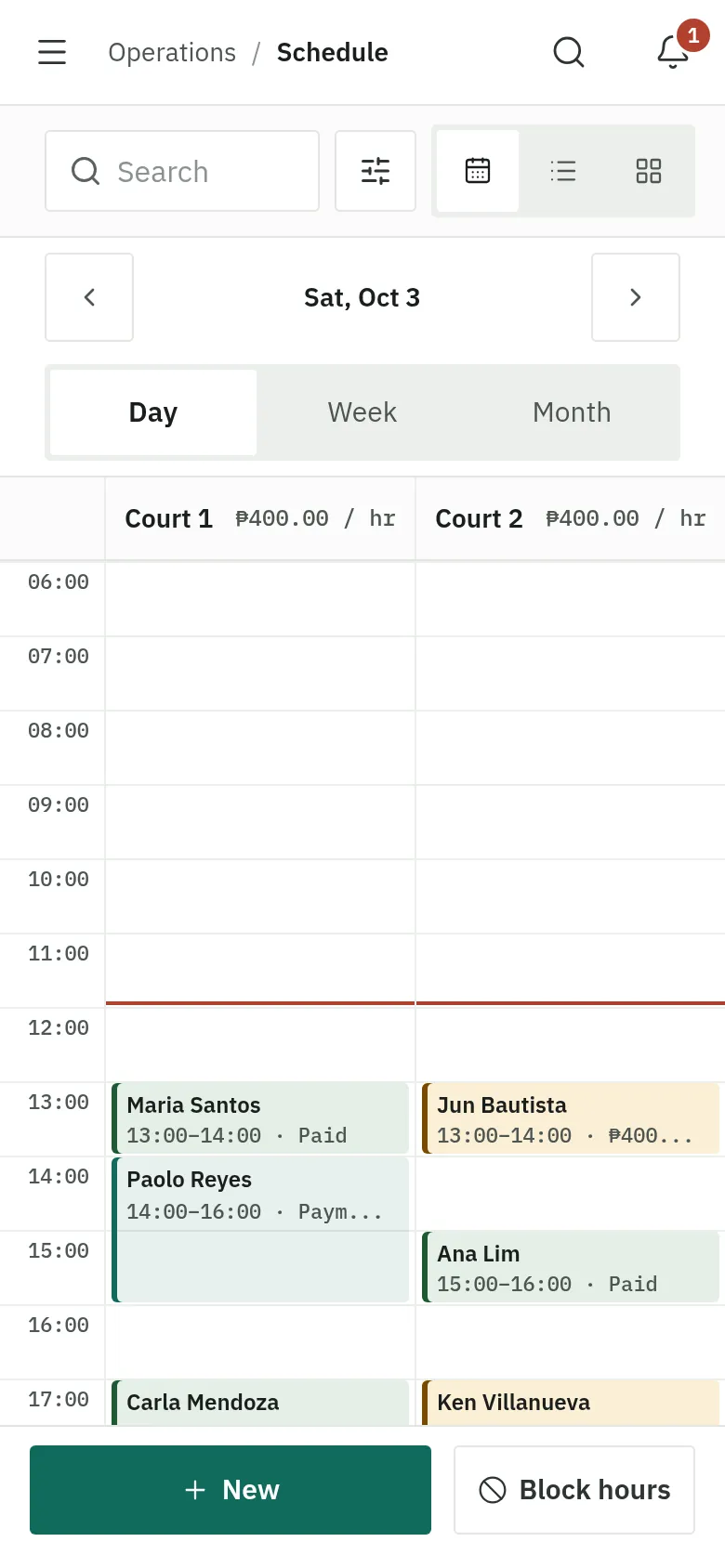 The schedule on a phone, with New and Block hours buttons