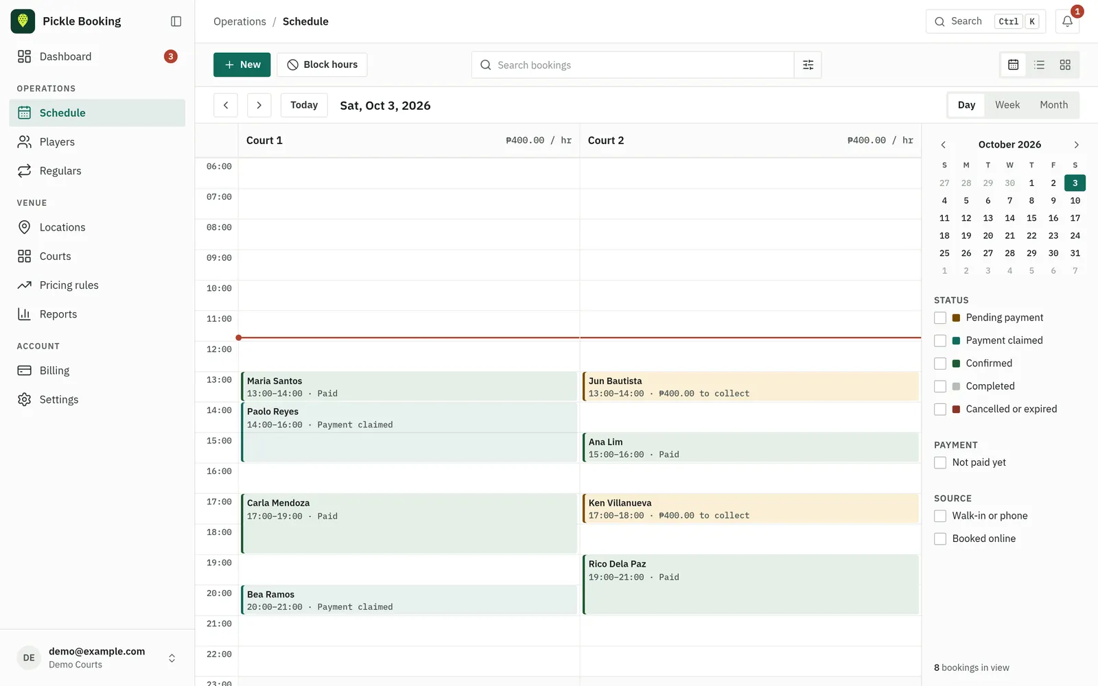 The schedule: two courts side by side, bookings marked Paid, Payment claimed or to collect