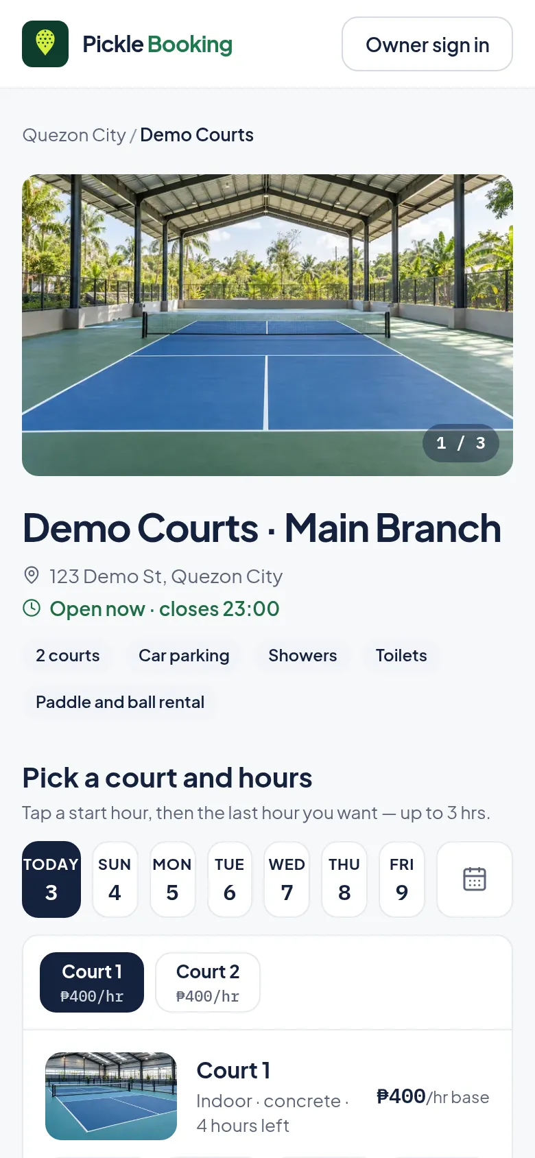 A venue's booking page on a phone